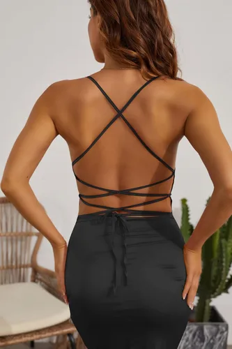 Vista 4 de Velius - Vestido de fiesta atractivo para mujer con tirantes delgados espalda descubierta con tirantes y entallado