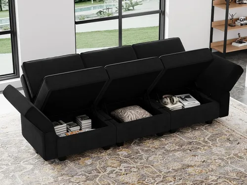 Vista 4 de Belffin - Sofá modular de terciopelo con asientos de almacenamiento, sofá de 3 plazas para sala de estar, color negro