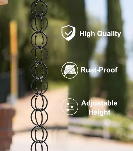 Vista 5 de Ring Rain Chain Diverter Replacement Gutter, Rust-Resistant Aluminum Alloy Rain Catcher Chain, Black Home Decor Eaves Drainage Gutter Chain(1m