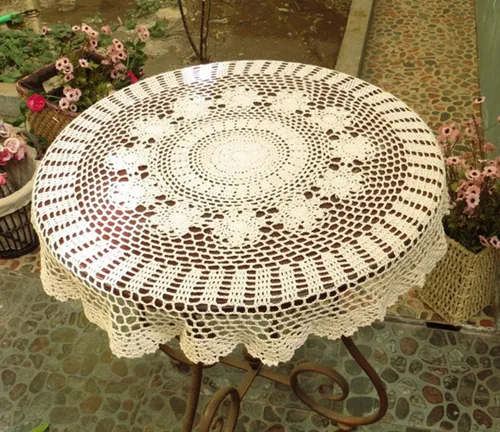 Vista 5 de Hetao Mantel redondo de ganchillo 100% algodón hecho a mano tapetes de encaje cubiertas de mesa, beige, 27 pulgadas