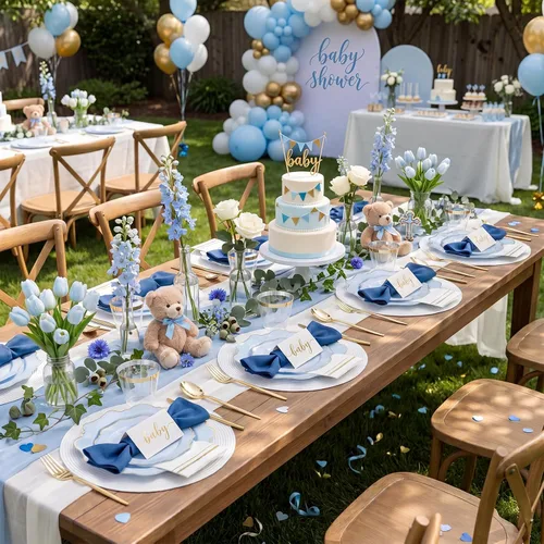Vista 10 de WDF 175 piezas platos de plástico azul – Platos azul bebé resistentes desechables – Vajilla de plástico para 25 invitados, ideal para Bule y Oro