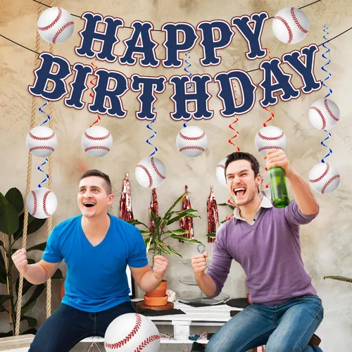 Vista 8 de KORHONEN Decoraciones de fiesta de cumpleaños de béisbol, pancarta de feliz cumpleaños y espirales colgantes para decoraciones de fiesta temática