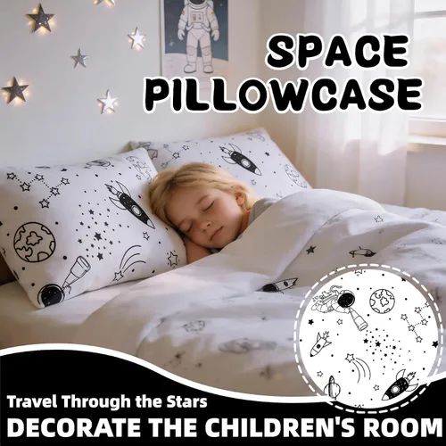 Vista 4 de MAG Juego de 2 fundas de almohada estándar blancas y negras, 20 x 26 pulgadas, fundas de almohada para niños, niños, adolescentes. Galaxy