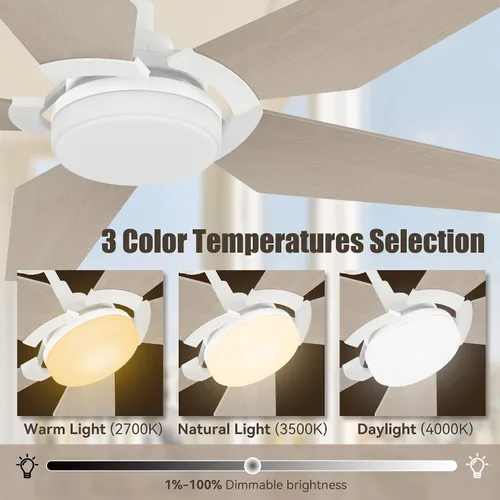 Vista 4 de SMAAIR Ventilador de techo inteligente de 5 aspas para exteriores con kit de luz regulable y motor de CC de 10 velocidades, funciona con control