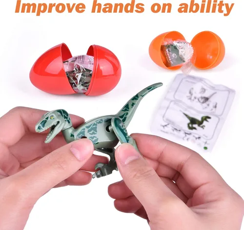 Vista 2 de 25 piezas de huevos de Pascua rellenos con bloques de construcción de dinosaurios juguetes para cestas de Pascua, recuerdos de fiesta temática