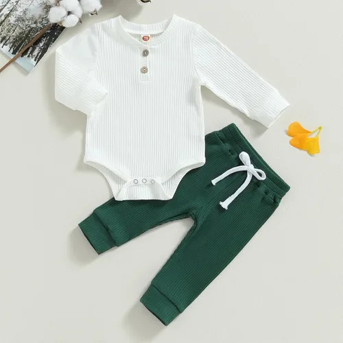 Vista 2 de Ropa de bebé recién nacido, ropa de punto acanalado, manga larga, pantalones de algodón sólido, trajes de otoño e invierno, 2 piezas