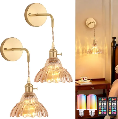 Vista 32 de Shenmoyl - Aplique de pared que funciona con pilas, lámparas de pared vintage recargables con pantalla de vidrio de lirio verde, lámpara de pared