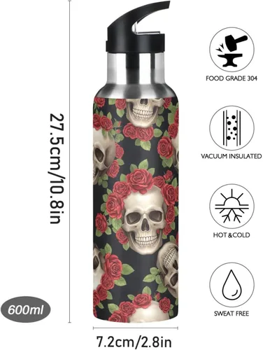 Vista 9 de BPA-Free Sport Water Bottle 32 Oz, Stainless Steel Water Bottle for Gym Outdoor Travel School, Skulls Vibrant Red Roses