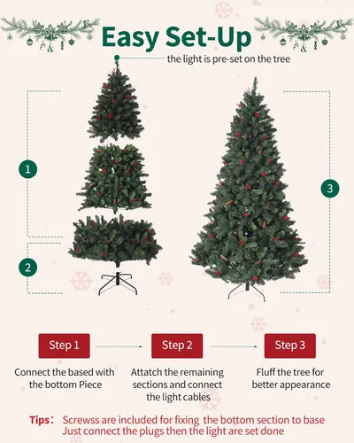 Vista 5 de Aptliton Árbol de Navidad artificial con luces LED, árbol sintético completo para decoración interior del hogar, soporte incluido, verde regular