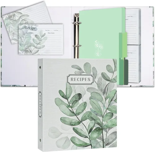 Vista 15 de Carpeta de recetas de 3 anillos de 8.5 x 9.5 pulgadas, juego organizador de recetas de página completa con 3 anillos con 25 páginas de ranura y 50