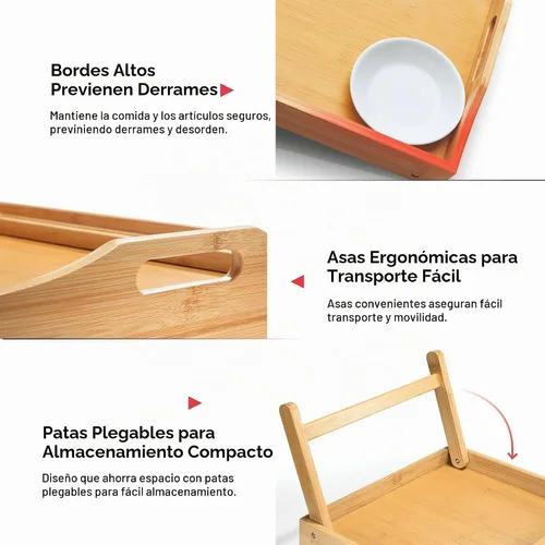 Vista 3 de Bandeja de cama Home-it con patas plegables, bandeja para desayuno de bambú con patas para desayuno