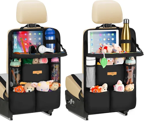 Vista 7 de SURDOCA Organizador de asiento trasero de coche con bandeja plegable para niños y adultos – NUEVO MODELO Almacenamiento de asiento con bolsillo