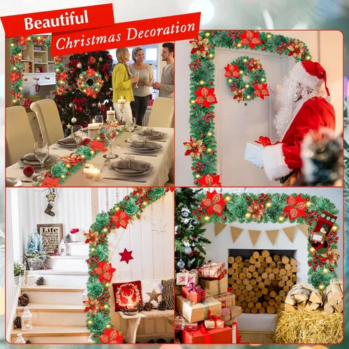 Vista 6 de Guirnalda de Navidad artificial preiluminada, ratán verde con decoraciones de flores rojas y luces LED que funcionan con pilas para escaleras