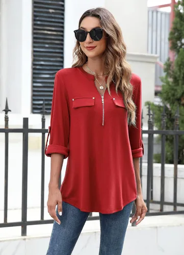 Vista 2 de Bulotus - Blusa larga e informal, con cierre frontal, cuello en V y manga 34, para mujer