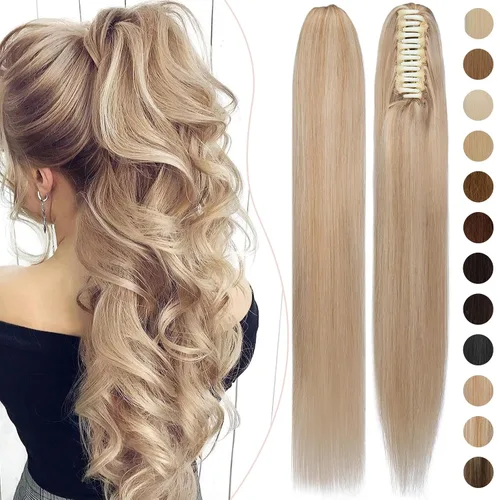 Vista 9 de Rich Choices Extensión de cola de caballo con clip de garra, cabello humano real, una pieza, extensiones de cabello largo Remy para mujer, #18P613