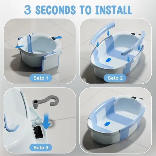 Vista 7 de TOSGN Bañera plegable para bebé, 3 segundos para instalar, bañera para bebé con cojín suave y termómetro, bañera para recién nacidos de 0 a 36 Azul