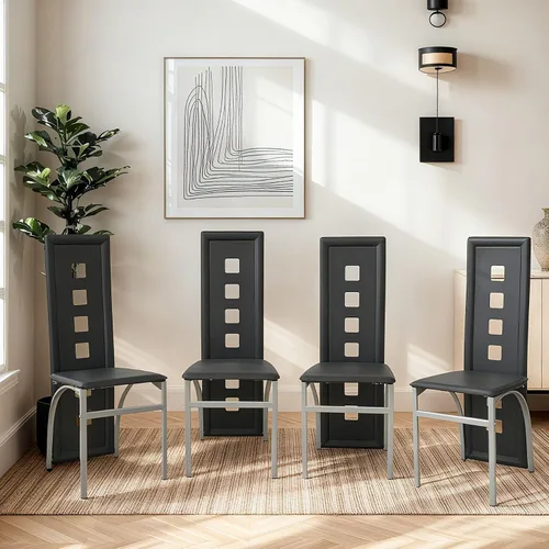 Vista 12 de Karl home Juego de 4 sillas de comedor, sillas de cocina de cuero sintético PU negro con respaldo alto acolchado y protección de tapas para pies