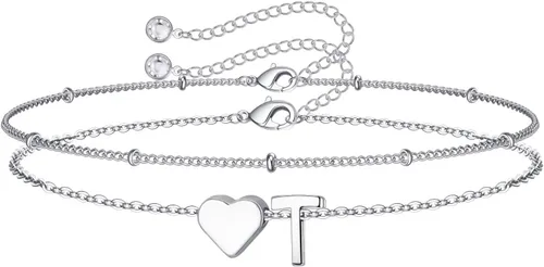 Vista 16 de M MOOHAM Pulseras de oro con inicial de corazón para mujer, pulseras con dije de letra A-Z de corazón dorado en capas para mujer, pulseras