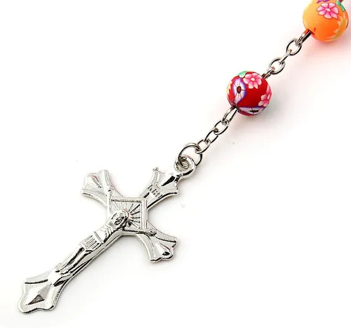 Vista 6 de YEYULIN Collar largo de rosario de arcilla polimérica con cuentas de aleación de cruz virgen cristiana católica joyería rosario solo para mujeres