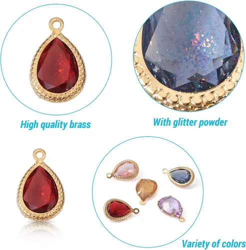 Vista 4 de Cheriswelry 48 colgantes de diamantes de imitación de resina en forma de lágrima con ajustes de latón dorado con diamantes de imitación facetados