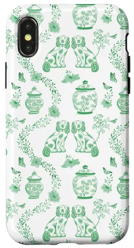Vista 5 de Funda para iPhone XS Max Preppy Green & White Toile Chinoiserie Dogs and Ginger Jars