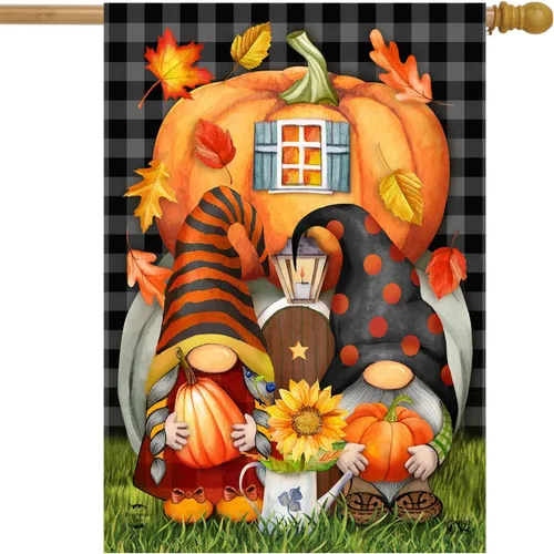 Vista 2 de Gnomo de otoño para casa, bandera humor, calabazas de otoño de 28 x 40 pulgadas Briarwood Lane