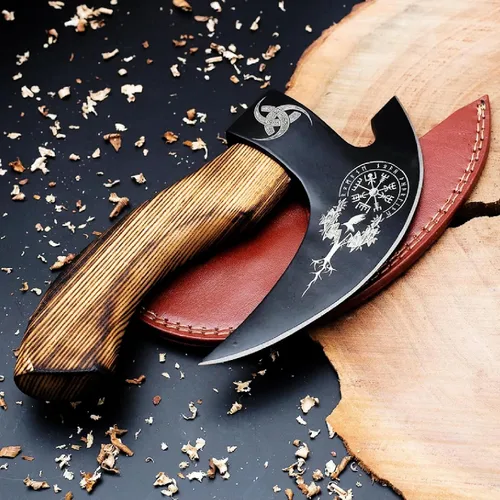 Vista 10 de SHINY CRAFTS® Hacha Cortadora de Pizza Vikinga – Hoja de Acero al Carbono con Grabado Negro y Funda – Auténtico Regalo Medieval para Él, Hacha