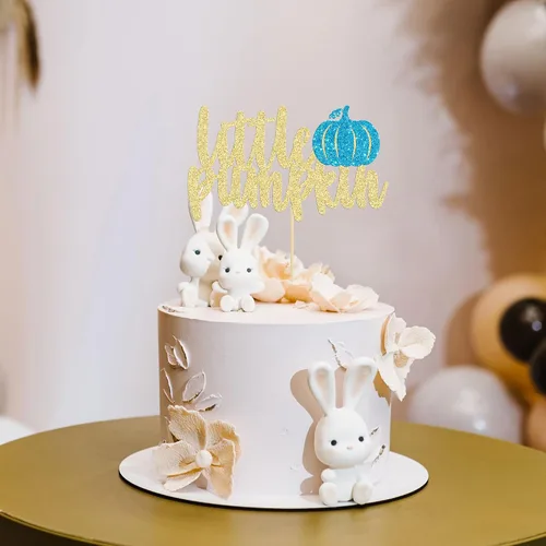 Vista 4 de Gyufise Decoración de pastel de calabaza – Decoración azul para pastel de baby shower para cumpleaños, Halloween, suministros de fiesta de Acción