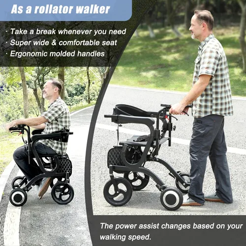 Vista 5 de CARLIKE Silla de ruedas eléctrica inteligente 3 en 1 y andador con asiento y silla de transporte eléctrica, ligera, plegable, reposapiés