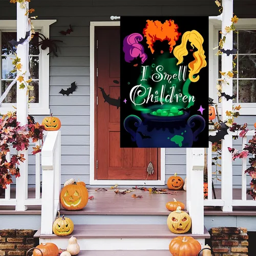 Vista 3 de Bandera de jardín de Halloween, bandera de jardín con texto en inglés "I Smell Children", bandera de bruja Hocus Pocus para exteriores, bandera