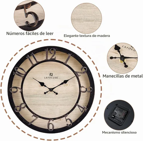 Vista 7 de Lafocuse Reloj de pared negro silencioso de 12 pulgadas, funciona con pilas, reloj de pared de granja para cocina, sala de estar, decoración rústica