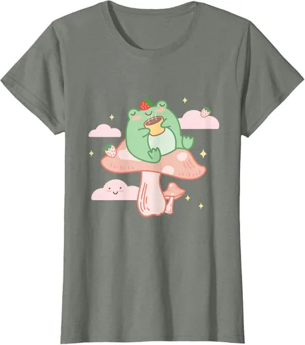 Vista 16 de Kawaii Strawberry Frog On Mushroom - Camiseta de manga corta de anime, Azul / Patchwork, S Azul Pastel