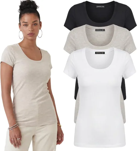 Vista 30 de Emmalise - Camiseta de manga corta para mujer, cuello redondo, estilo básico, pack de valor, tallas junior y grandes