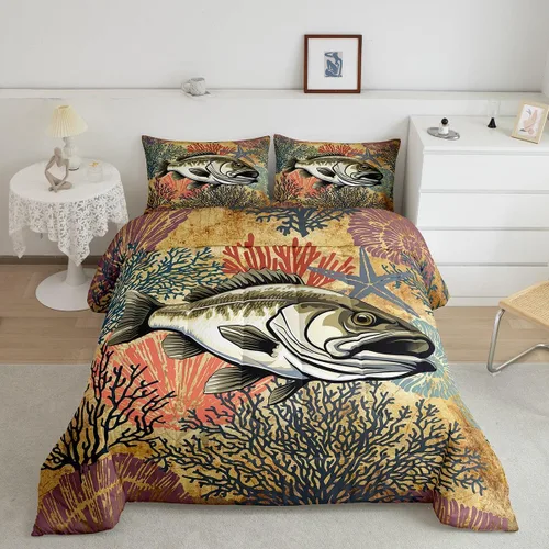 Vista 20 de Erosebridal Juego de ropa de cama de pesca tamaño individual, juego de edredón de peces coloridos para niños, adolescentes, hombres, pescadores