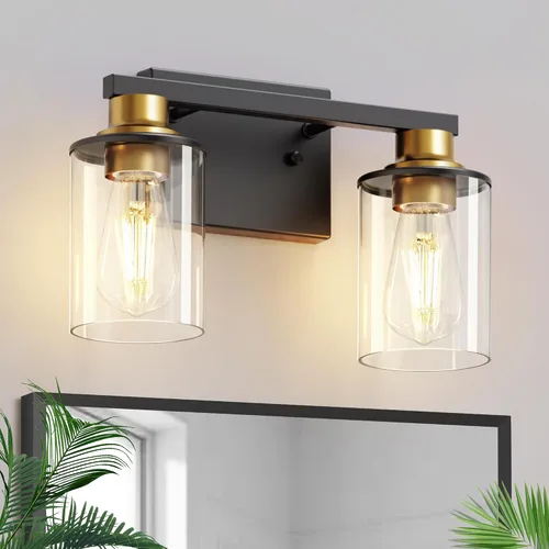 Vista 13 de L LOHAS LED Lámparas de baño negras de 2 luces, accesorios de iluminación modernos sobre espejo con pantalla de vidrio transparente, luces