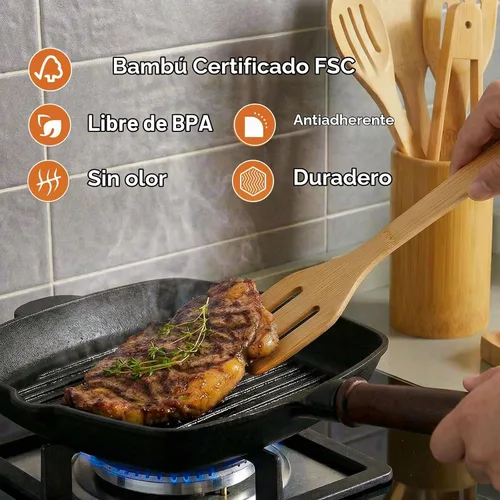 Vista 3 de Naturoom Juego de 8 utensilios de cocina, cuchara de cocina de madera de bambú de 12 pulgadas y espátula, herramientas perfectas para utensilios