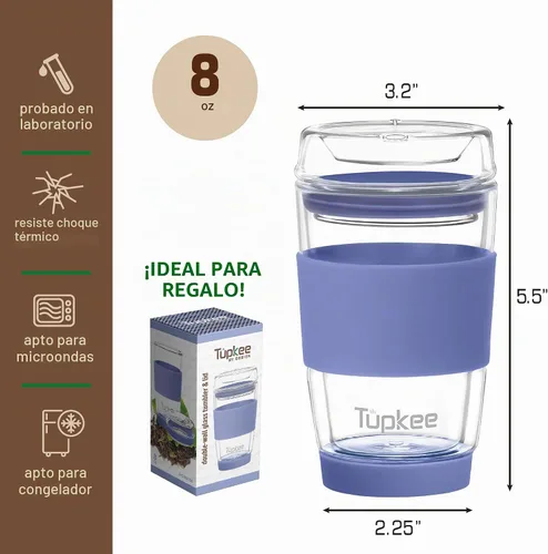 Vista 5 de Vaso de vidrio de doble pared, taza de café de viaje de vidrio de 8 Jacaranda