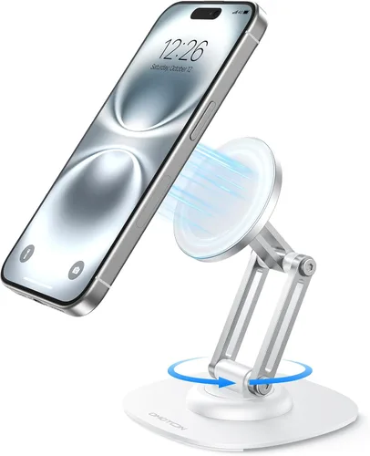 Vista 10 de OMOTON Soporte de Teléfono Magnético Giratório de 360° para Escritorio, Ajustable y Plegable de Aluminio para Soporte de Celular MagSafe con Base
