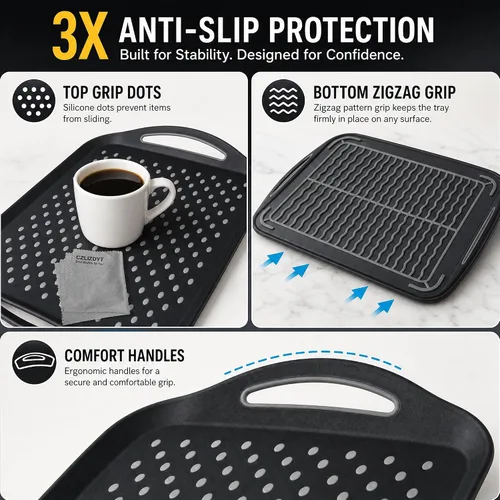 Vista 10 de Bandeja grande antideslizante con asas, bandejas de comida para regazo con puntos de agarre de silicona para comer, aptas para lavavajillas