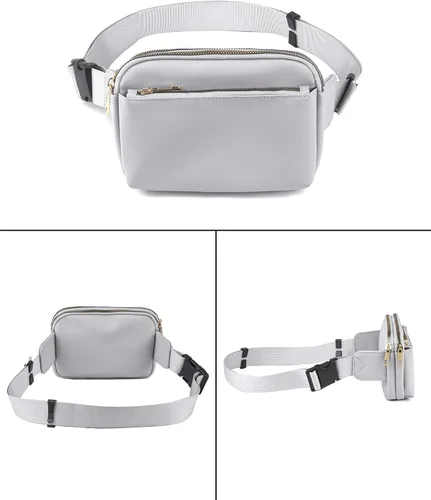Vista 4 de Riñonera cruzada para mujer, cangurera de moda para mujer, cintura pequeña, bolsa de pecho con correa ajustable, 02 Gris PU