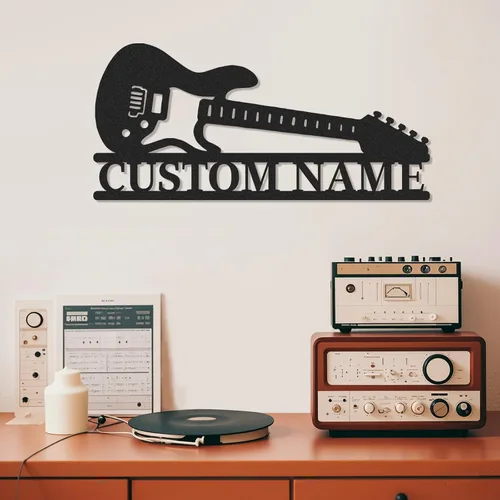 Vista 12 de Letrero de metal personalizado de guitarra, letreros de metal personalizados, decoración de pared de notas musicales, arte de pared divertido