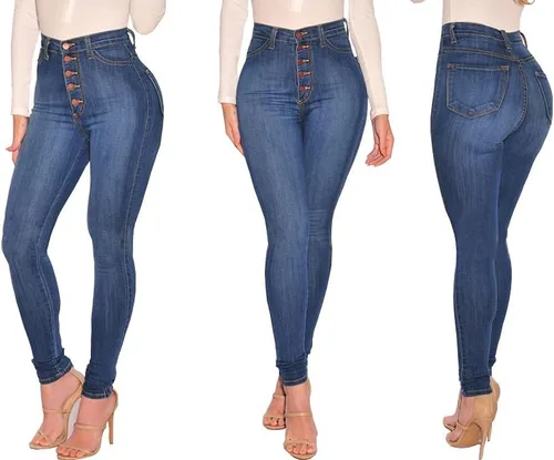 Vista 4 de Jeans elásticos de cintura alta para mujer, 5 botones, levantamiento de glúteos, ajustados, colombianos