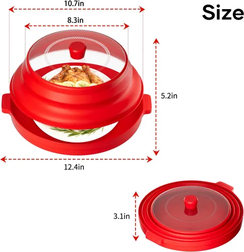 Vista 7 de Cubierta 2 en 1 para salpicaduras de microondas para alimentos con placa base antiquemaduras, tapa grande de plástico y silicona plegable