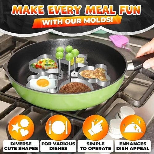 Vista 4 de Juego de moldes para panqueques de 5 piezas, acero inoxidable, asas plegables Pancake Molds for Griddle, 5 Shapes for Eggs, Omelets, Hash Browns &