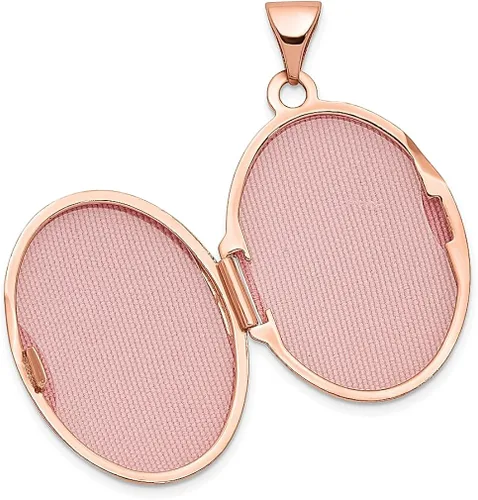 Vista 4 de Collar de cadena con dije ovalado de oro rosa de 14 quilates diseño de pergamino de 0827in con dije de foto con cadena que sostiene fotos joyería