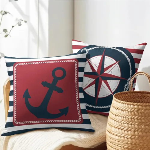 Vista 5 de Fundas de almohada de brújula de ancla, fundas de almohada náuticas para exteriores, fundas de cojín decorativas de rayas azules y blancas, fundas