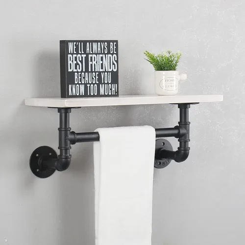 Vista 5 de MBQQ Estante de tubería industrial para baño, estantes montados en la pared, estante de madera rústica de 19.6 pulgadas con toallero, toallero