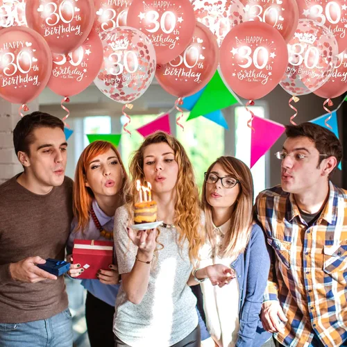Vista 6 de Globos de látex de cumpleaños número 30, 15 globos de oro rosa con el texto en inglés "Happy 30th Birthday", globos de decoración de fiesta