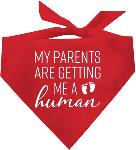 Vista 17 de My Parents are Getting Me A Human Dog Bandana Triángulo ajustable 100% algodón Fabricado en Estados Unidos Nuevo bebé Anuncio de embarazo