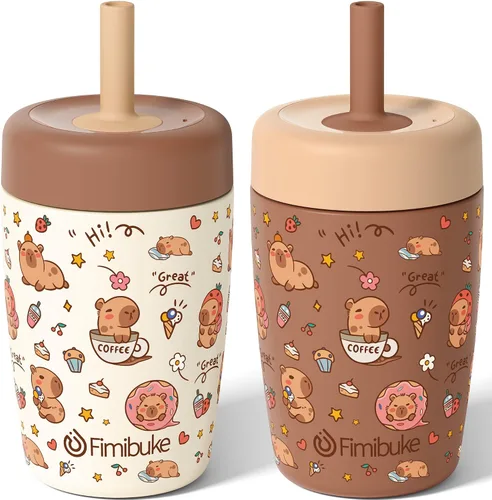 Vista 17 de Fimibuke Vasos para niños y niños pequeños, a prueba de derrames, 12 onzas, con aislamiento Capybara, vaso de paja para niños pequeños, botella